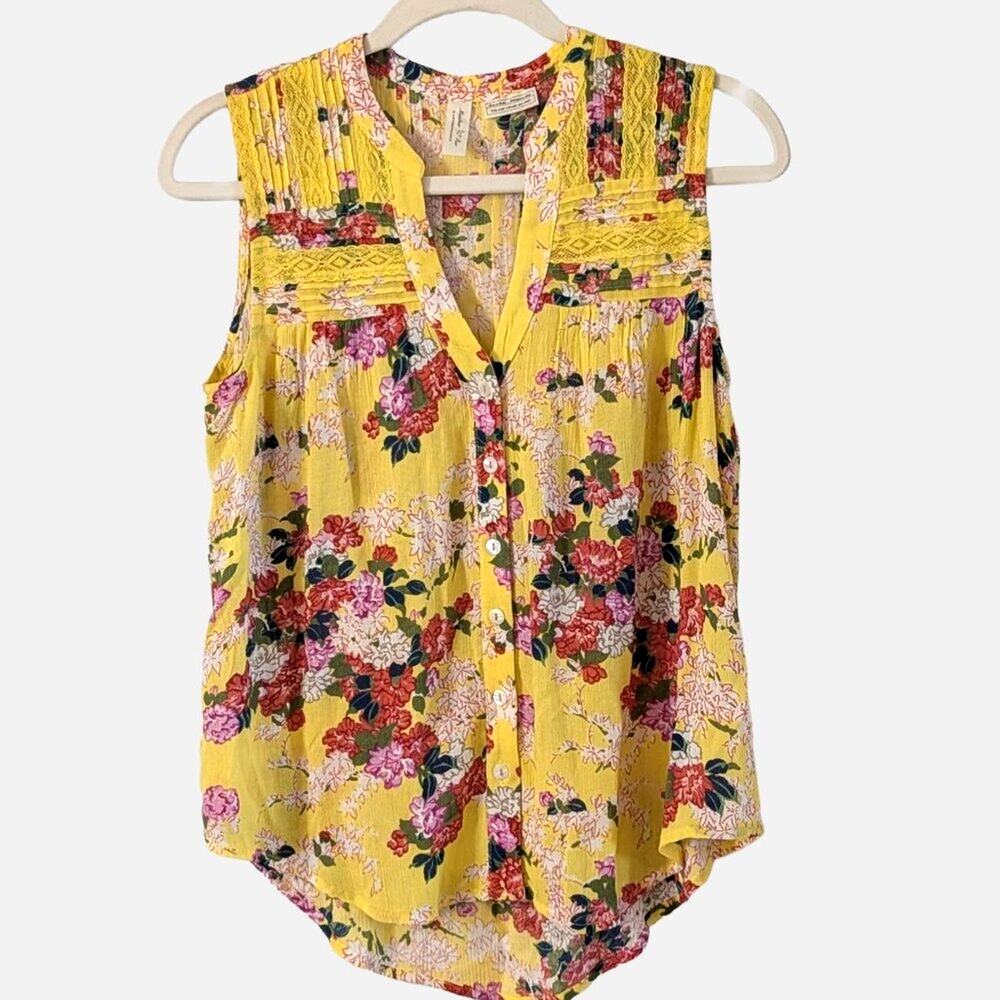 Anthropologie Meadow Rue Floral Lace Pintuck Blouse Yellow Petite 6P
